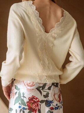 Skies Are Blue Lace Back Sweater | Size Small | Wedding Boho Romantic